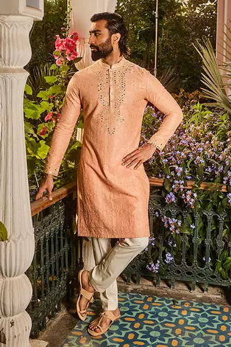 Peach chanderi dori and mirror embroidered kurta set