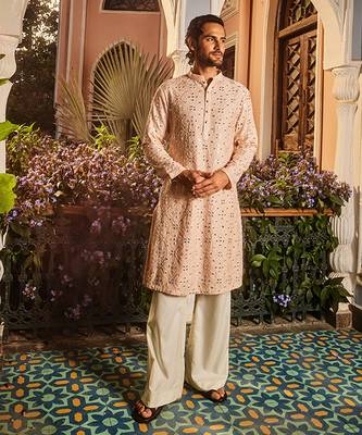 Ivory champagne embroidered mirror kurta set 1