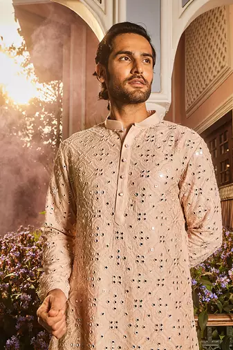 Ivory champagne embroidered mirror kurta set