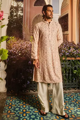 Ivory champagne embroidered mirror kurta set