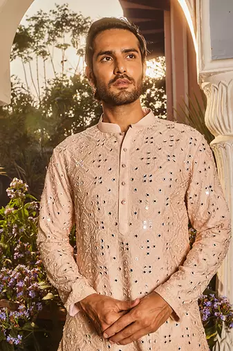 Ivory champagne embroidered mirror kurta set