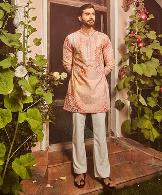 Peach printed dori and mirror embroidered kurta set 1