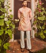 Peach printed dori and mirror embroidered kurta set