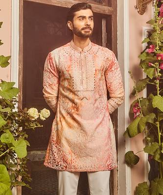 Peach printed dori and mirror embroidered kurta set 2