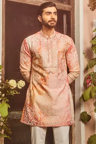 Peach printed dori and mirror embroidered kurta set