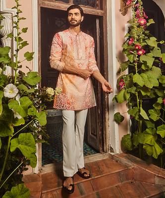 Peach printed dori and mirror embroidered kurta set 3