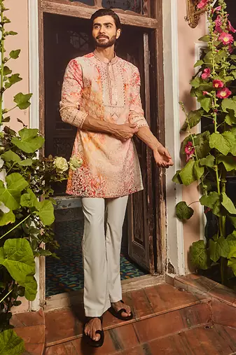 Peach printed dori and mirror embroidered kurta set