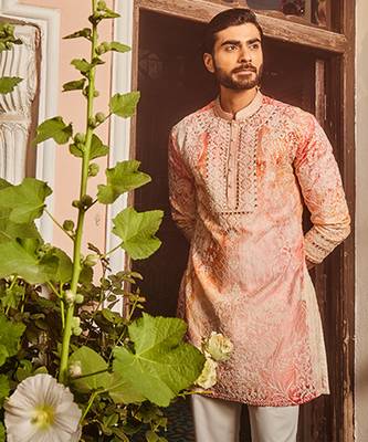 Peach printed dori and mirror embroidered kurta set 4