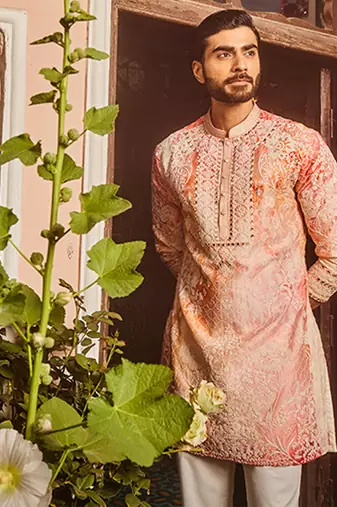Peach printed dori and mirror embroidered kurta set