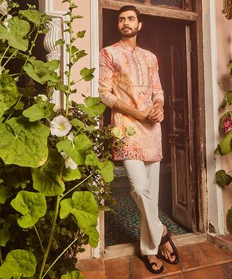 Peach printed dori and mirror embroidered kurta set 5