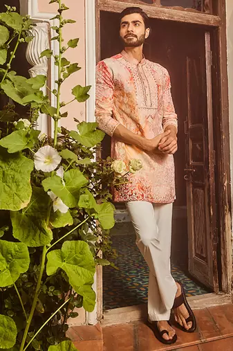 Peach printed dori and mirror embroidered kurta set