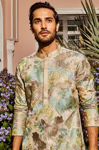 Ivory sequin abstract chanderi silk embroidered kurta