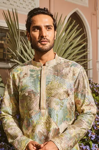 Ivory sequin abstract chanderi silk embroidered kurta