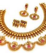 Latest fashion indian gold plated necklace set with 2 pair of earrings stylish temple choker combo set for women