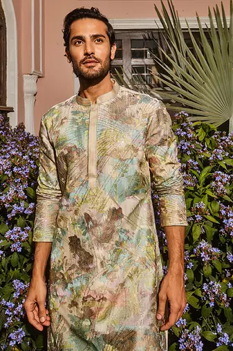 Ivory sequin abstract chanderi silk embroidered kurta