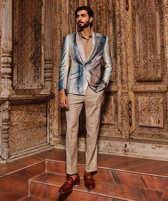 Sky blue peacock velvet feather embroidered tuxedo set 1