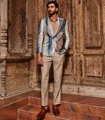 Sky blue peacock velvet feather embroidered tuxedo set