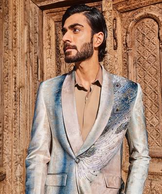 Sky blue peacock velvet feather embroidered tuxedo set 2