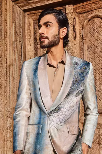 Sky blue peacock velvet feather embroidered tuxedo set