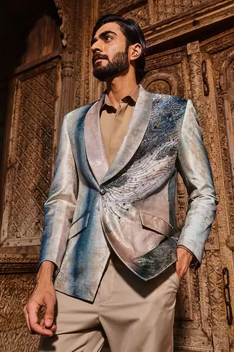Sky blue peacock velvet feather embroidered tuxedo set