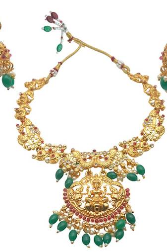 Traditional temple peacock design gold plated necklace set with long jhumki earrings with green beads for women