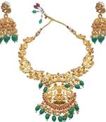 Traditional temple peacock design gold plated necklace set with long jhumki earrings with green beads for women