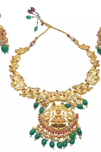 Traditional temple peacock design gold plated necklace set with long jhumki earrings with green beads for women