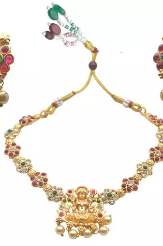 South indian temple necklace jewelry choker gold plated necklace flower design with white beads stud earrings
