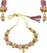 Indian gold plated necklace set earrings with leaf design green and red stones women jewelry for all occassions