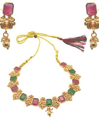 Indian gold plated necklace set earrings with leaf design green and red stones women jewelry for all occassions 2