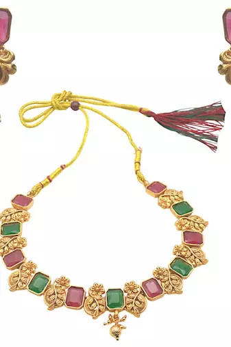Indian gold plated necklace set earrings with leaf design green and red stones women jewelry for all occassions