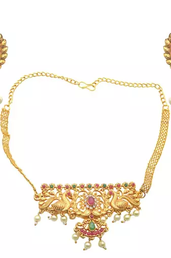 Latest stylish south indian choker for women gold plated necklace set with earrings lightweight fashion jewelry