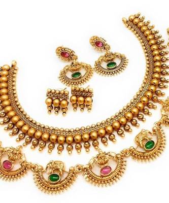Fashion indian jewellry combo gold plated necklace set with 2 pair of earrings stylish temple choker for women 1