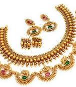 Fashion indian jewellry combo gold plated necklace set with 2 pair of earrings stylish temple choker for women