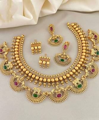 Fashion indian jewellry combo gold plated necklace set with 2 pair of earrings stylish temple choker for women 2
