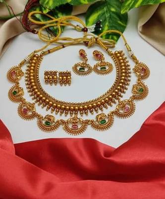 Fashion indian jewellry combo gold plated necklace set with 2 pair of earrings stylish temple choker for women 4