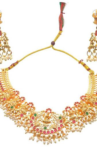 Gold plated necklace south indian temple choker with chandelier earrings lightweight comfortable women jewelry