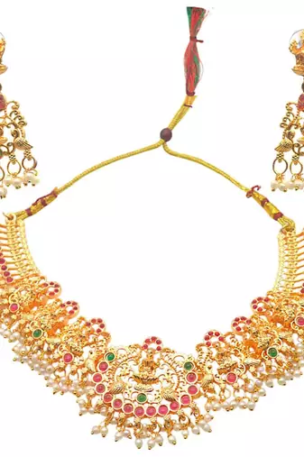 Gold plated necklace south indian temple choker with chandelier earrings lightweight comfortable women jewelry