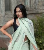 Mint Handblock printed mul cotton saree without blouse piece 