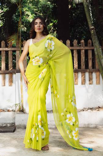 Dark Lime Hand painted mul cotton saree