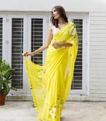 Lime Hand painted mul cotton saree