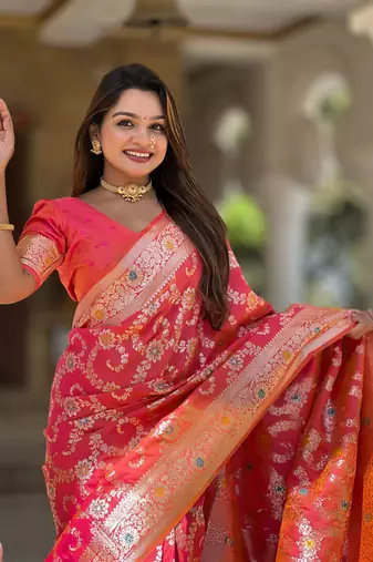 Red weaving zari meenakari work silk blend saree