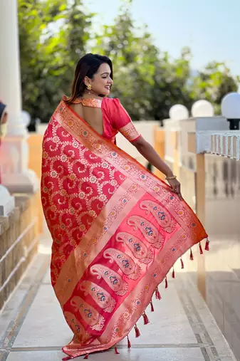 Red weaving zari meenakari work silk blend saree