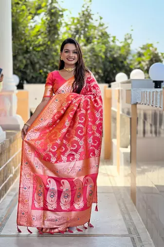 Red weaving zari meenakari work silk blend saree