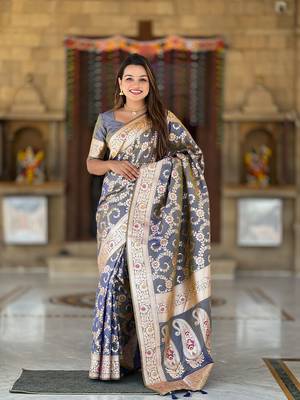 grey weaving zari meenakari work silk blend saree 1