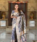 grey weaving zari meenakari work silk blend saree