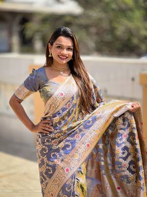 grey weaving zari meenakari work silk blend saree 2