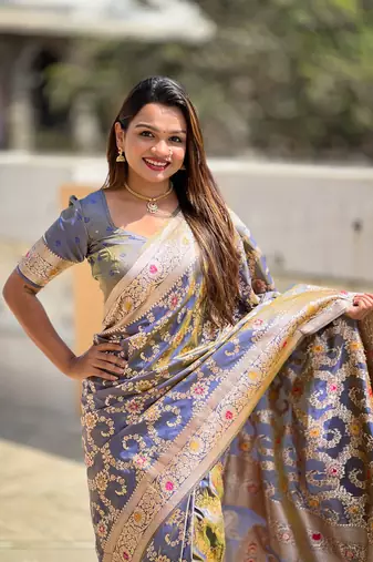 grey weaving zari meenakari work silk blend saree