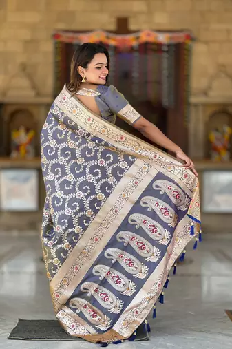 grey weaving zari meenakari work silk blend saree