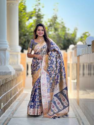 grey weaving zari meenakari work silk blend saree 5